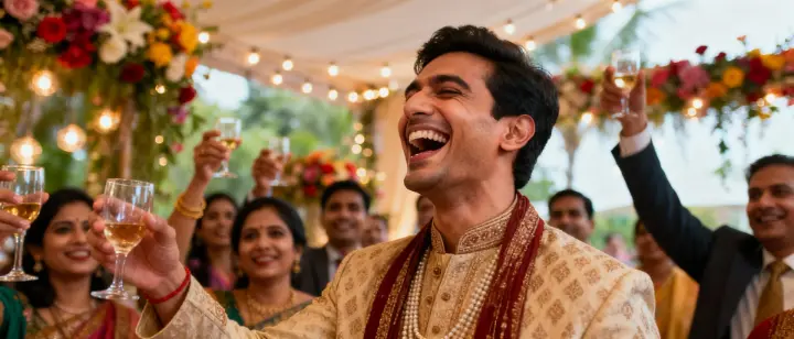 Groomsman laughing during reception toast — candid moment captured by documentary coverage