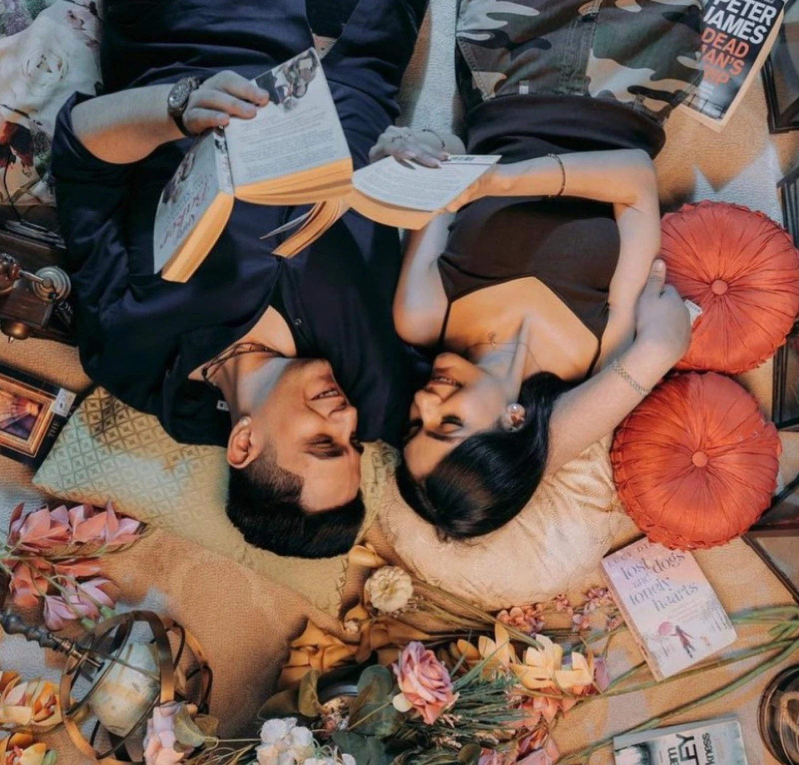 Creative overhead couple photography during celebration by Bright Luxe Salon &amp; Studio, Mahendergarh