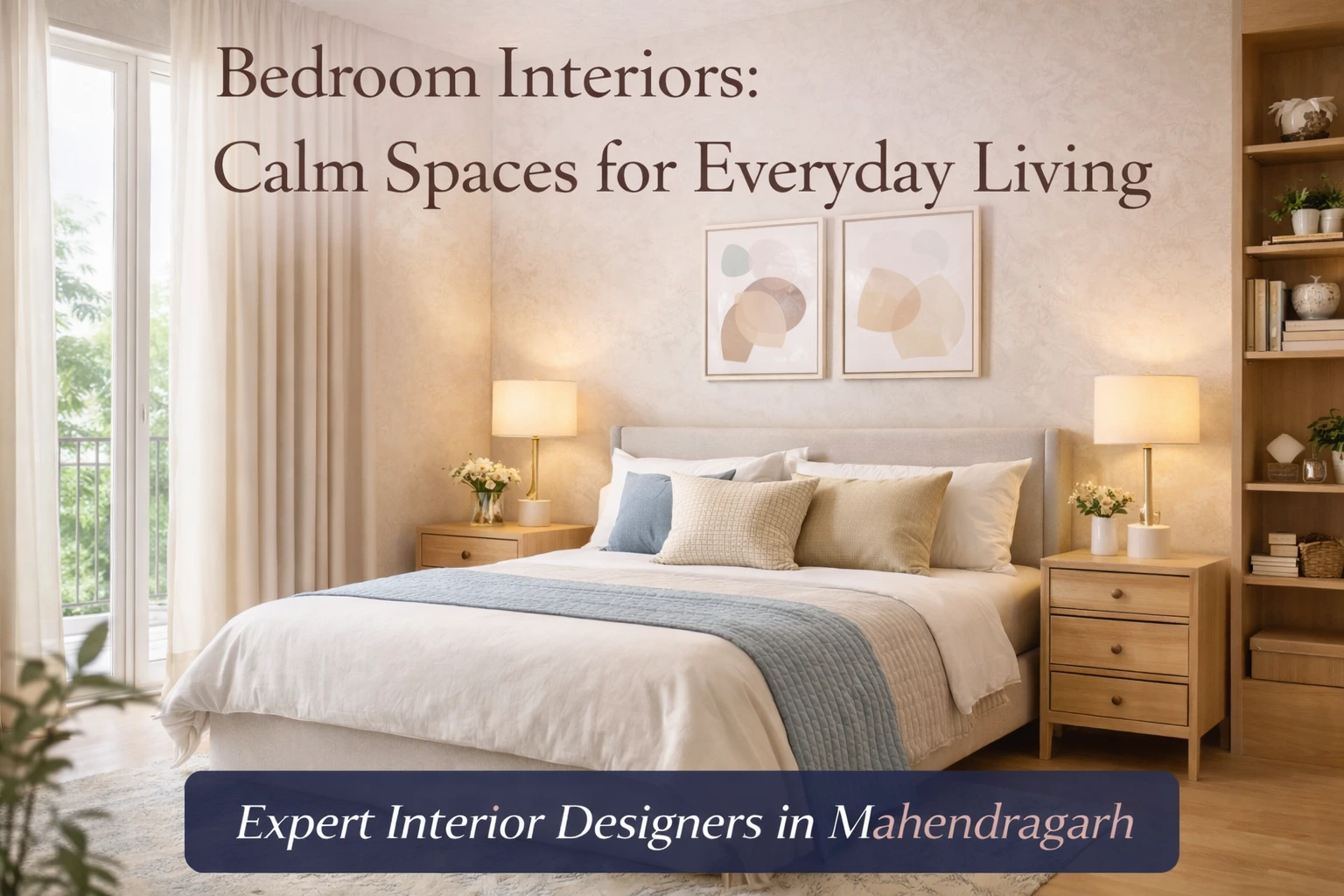 Calm and elegant bedroom interior with soft colors, comfortable furniture, and ambient lighting by Bright Luxe Salon & Studio, Mahendragarh.