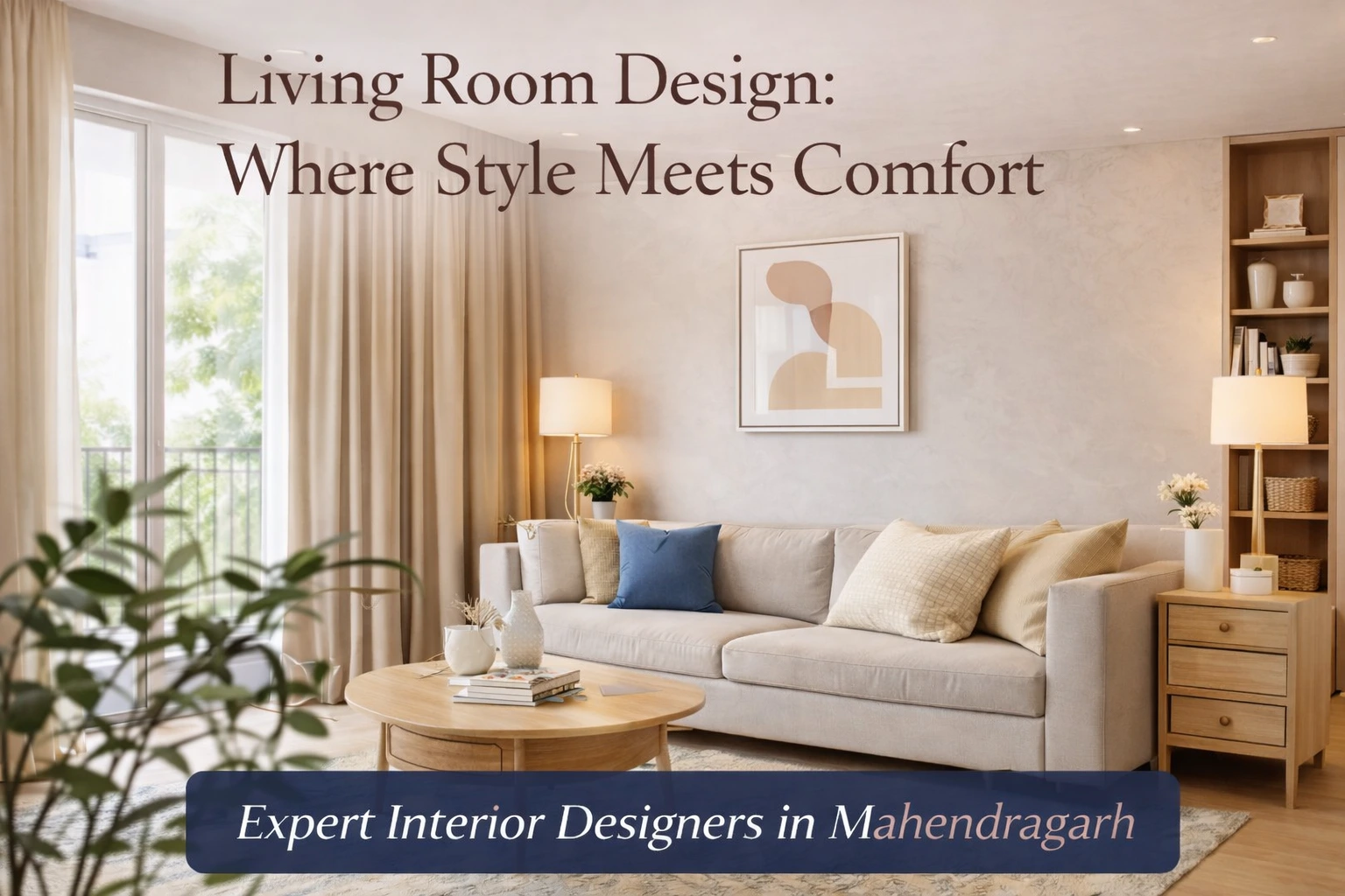 Modern living room interior with stylish sofa, warm lighting, and minimalist décor designed by Bright Luxe Salon & Studio, expert interior designers in Mahendragarh.