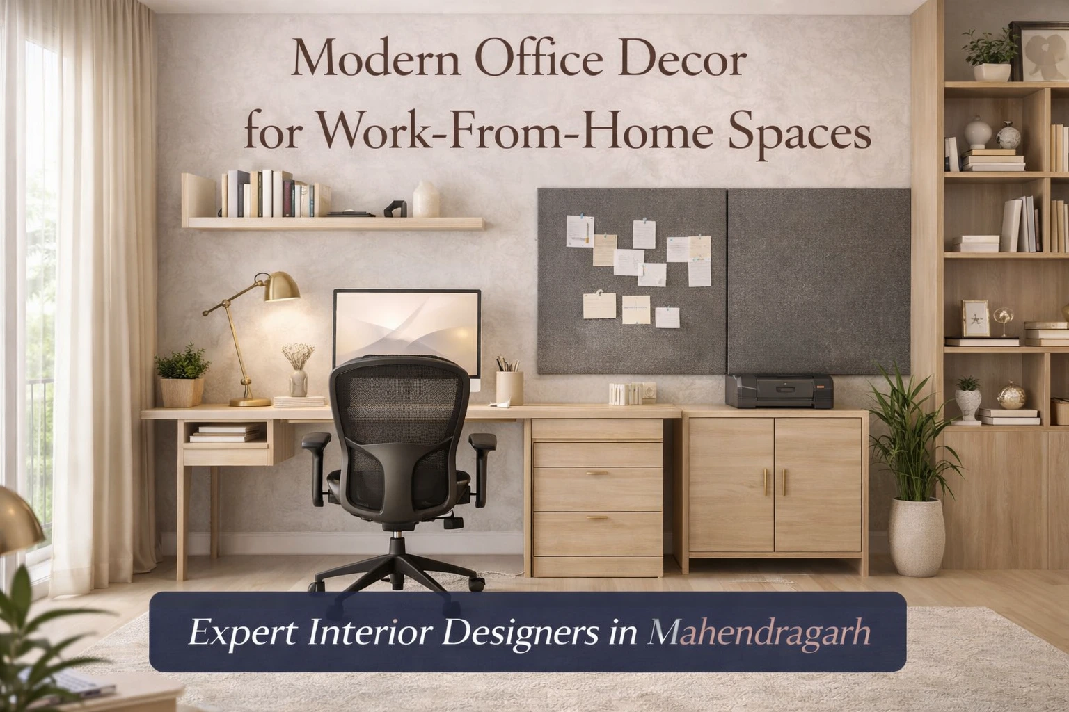 Modern home office interior with ergonomic workspace and clean décor designed by Bright Luxe Salon & Studio, interior designers in Mahendragarh.