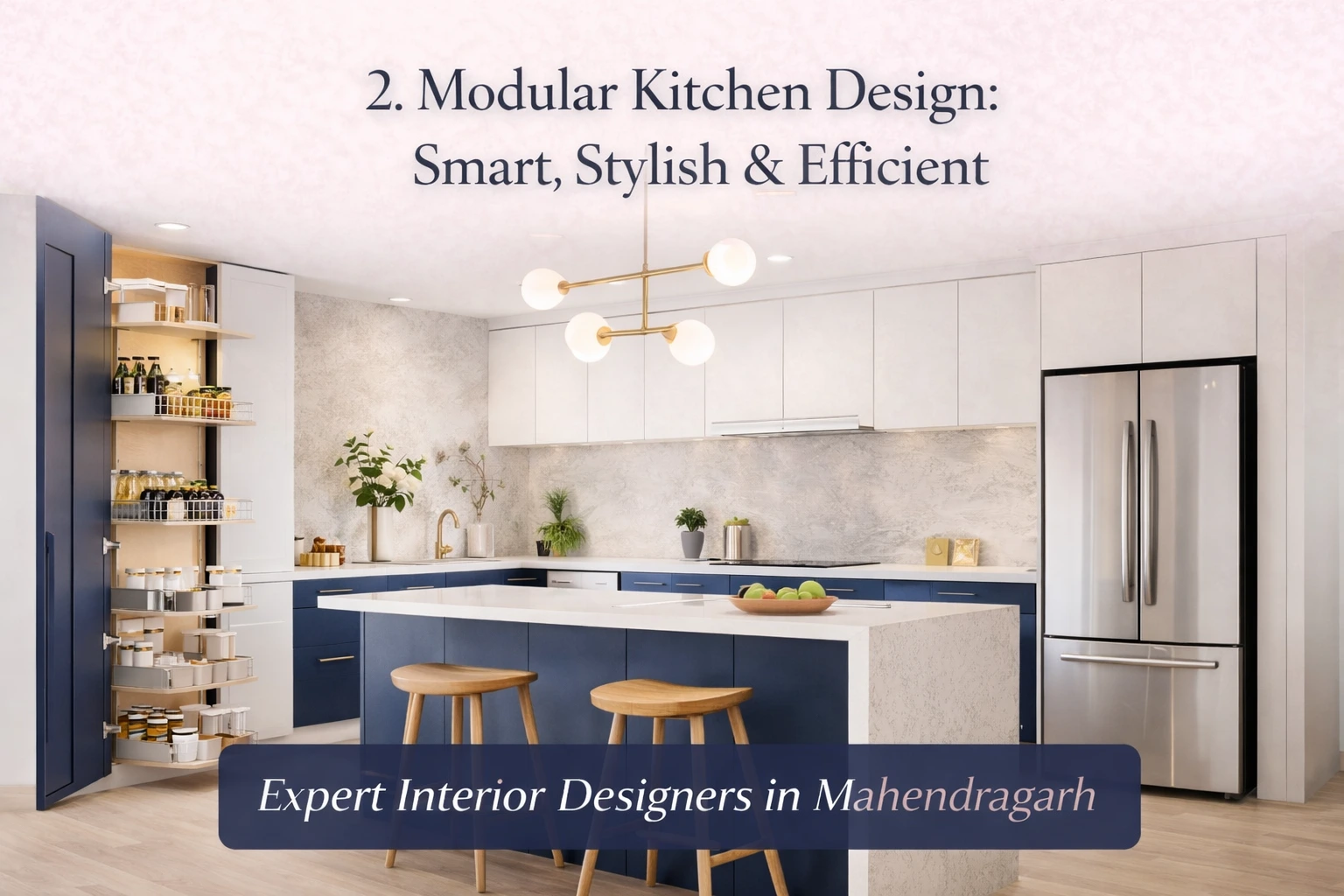 Smart modular kitchen design featuring efficient storage, modern cabinetry, and elegant finishes by Bright Luxe Salon & Studio in Mahendragarh.