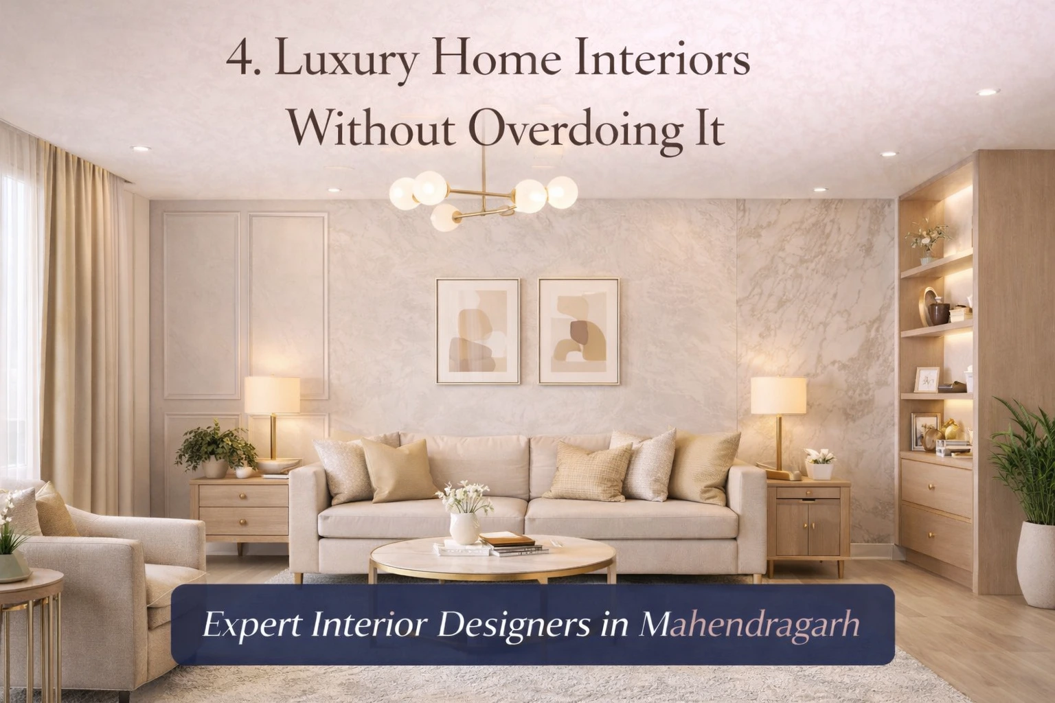 Luxury home interior design with subtle elegance, neutral tones, and premium finishes by Bright Luxe Salon & Studio in Mahendragarh.
