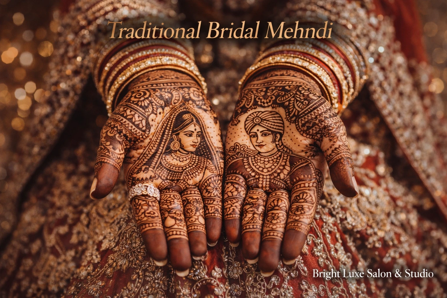 Traditional Bridal Mehndi design featuring delicate floral henna patterns on bride’s hands by Bright Luxe Salon &amp; Studio.