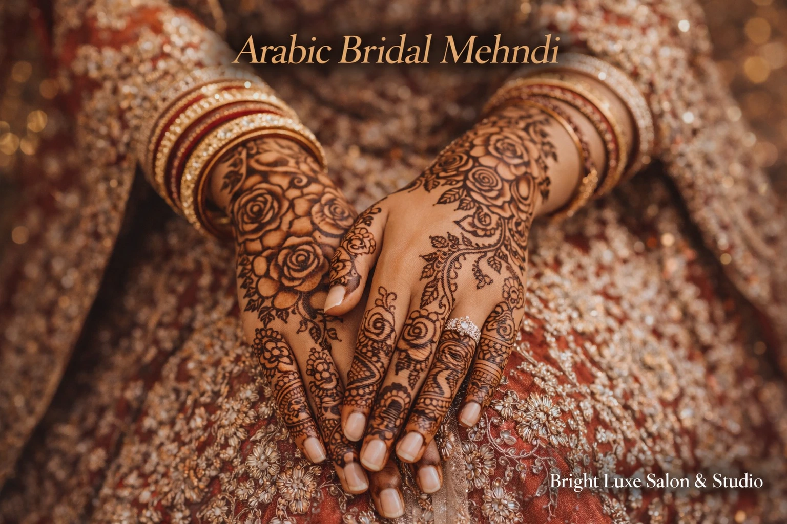 Bridal Mehndi design featuring delicate floral henna patterns on bride’s hands by Bright Luxe Salon &amp; Studio.