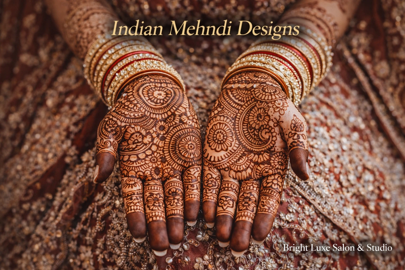 Indian Bridal Mehndi design featuring delicate floral henna patterns on bride’s hands by Bright Luxe Salon &amp; Studio.
