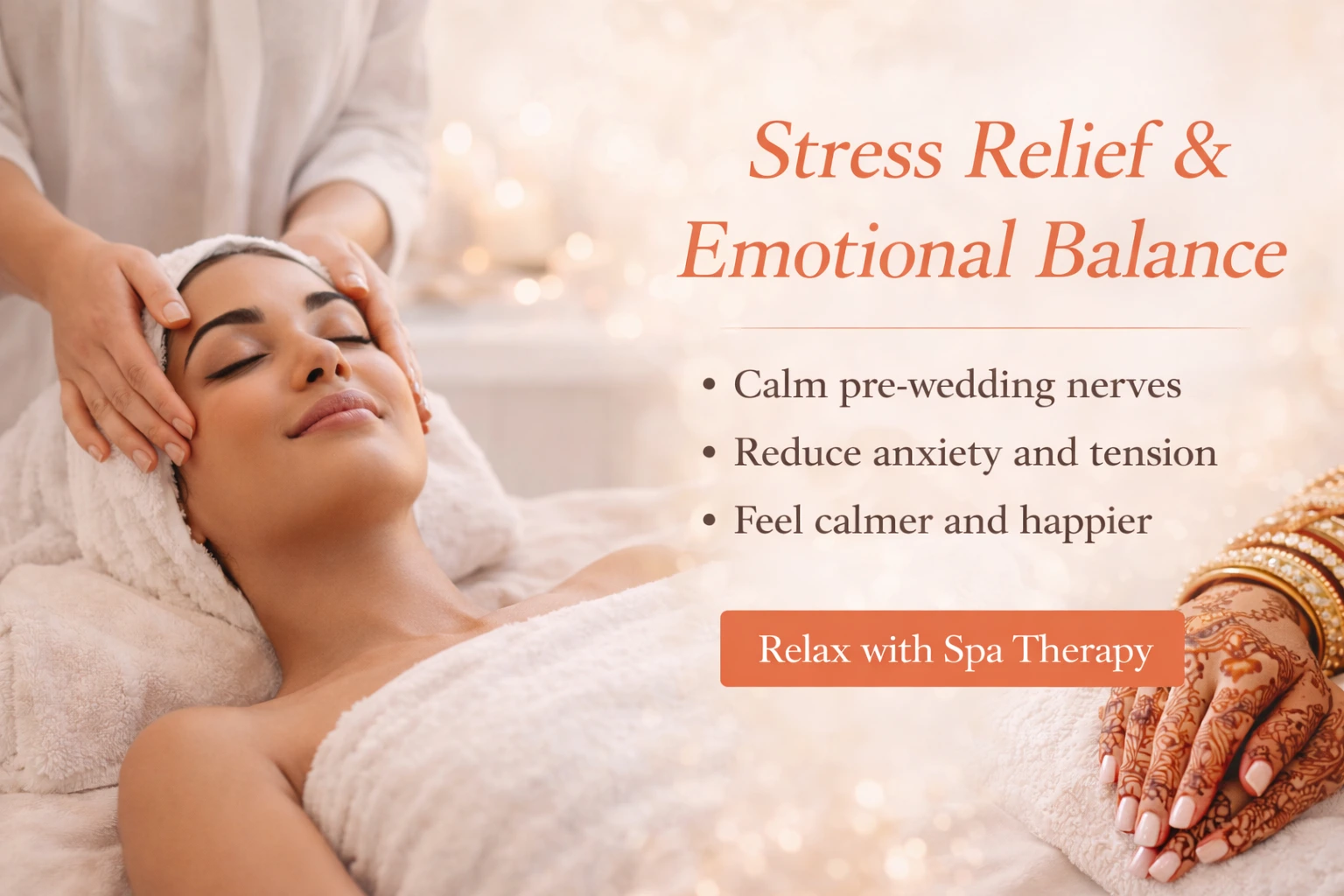 Bride relaxing during spa therapy for stress relief and emotional balance at Bright Luxe Salon &amp; Studio, featuring calming massage and pre-wedding relaxation.