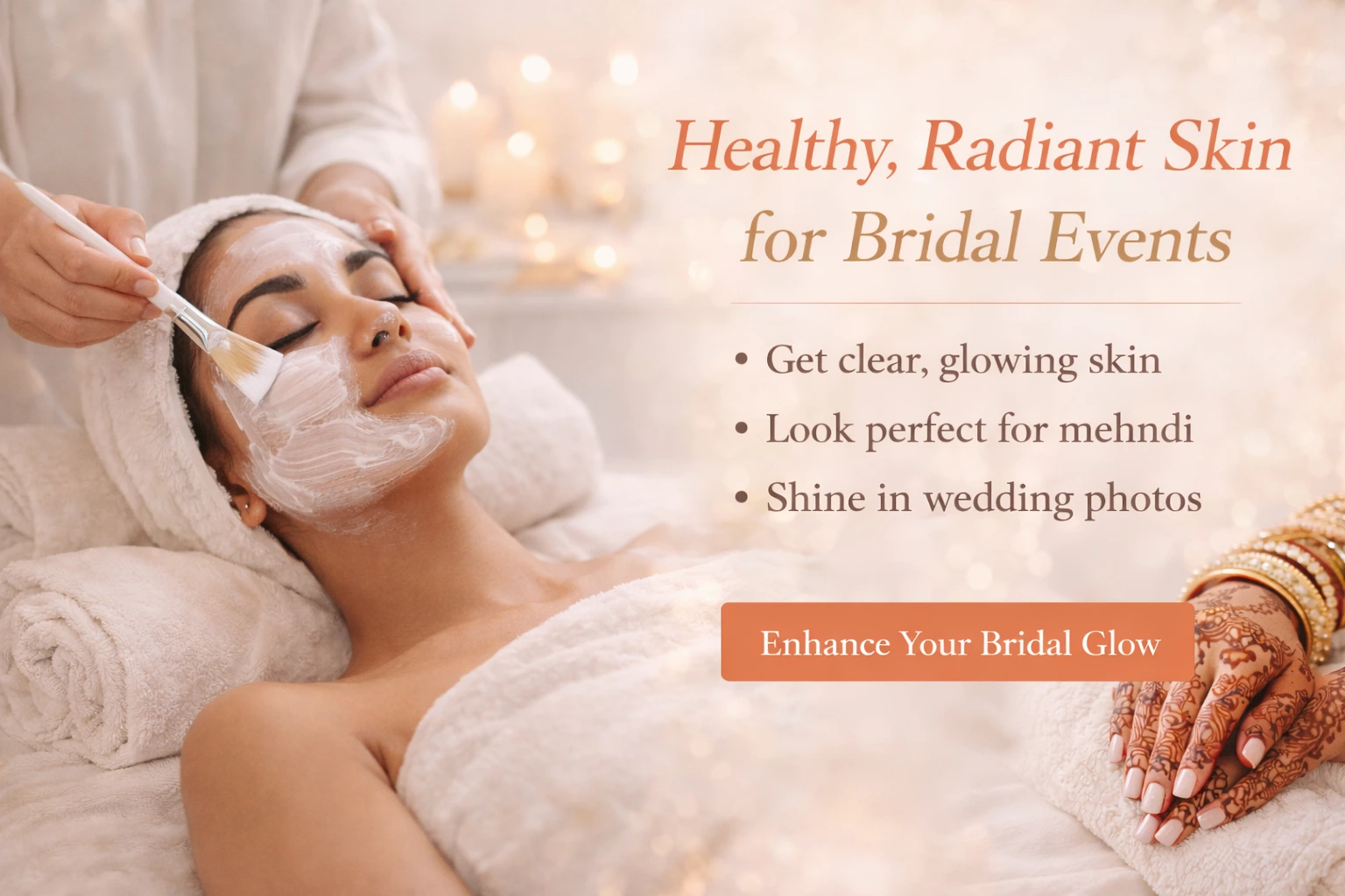 Bride receiving facial spa treatment for healthy, radiant skin before bridal events at Bright Luxe Salon &amp; Studio.