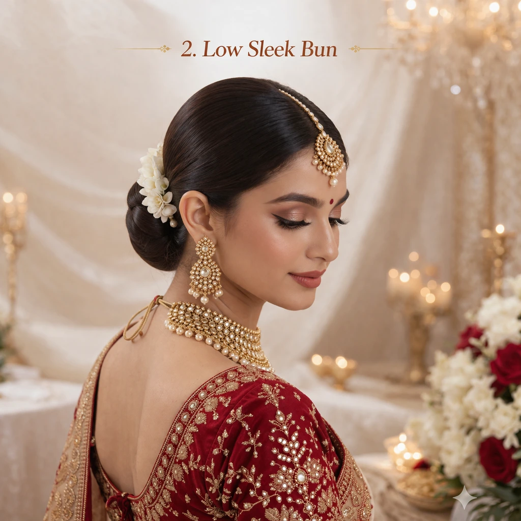 Low sleek bun bridal hairstyle with smooth finish and classic elegance by Bright Luxe Salon & Studio.