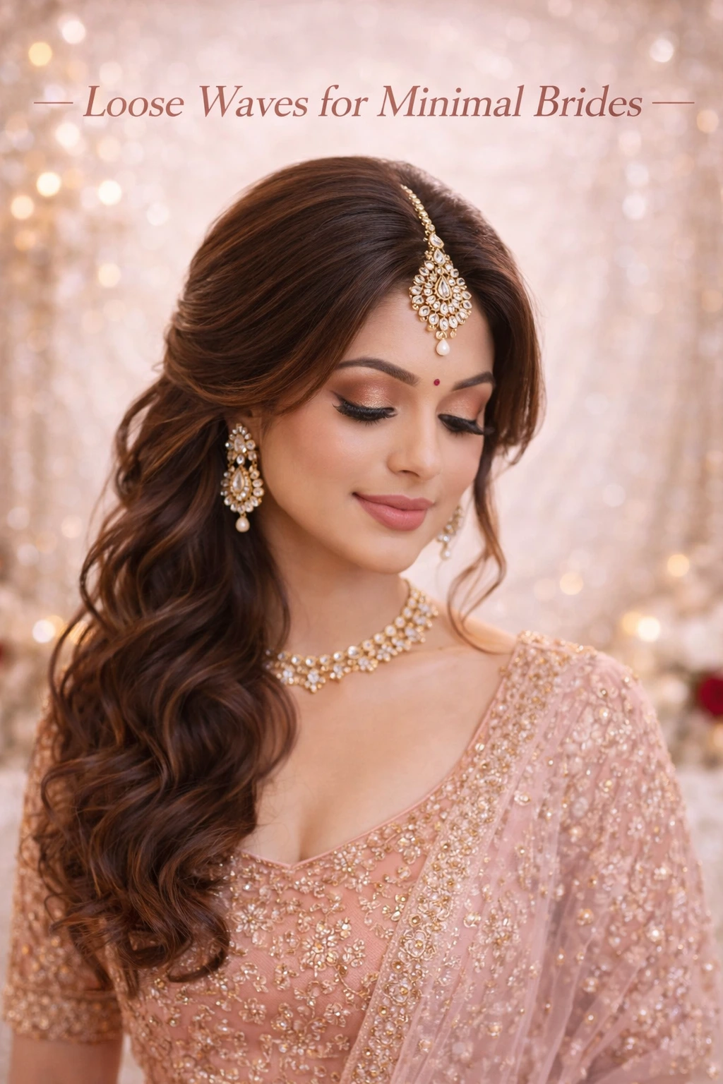 Loose waves bridal hairstyle for minimal brides styled with soft and natural finish by Bright Luxe Salon & Studio.