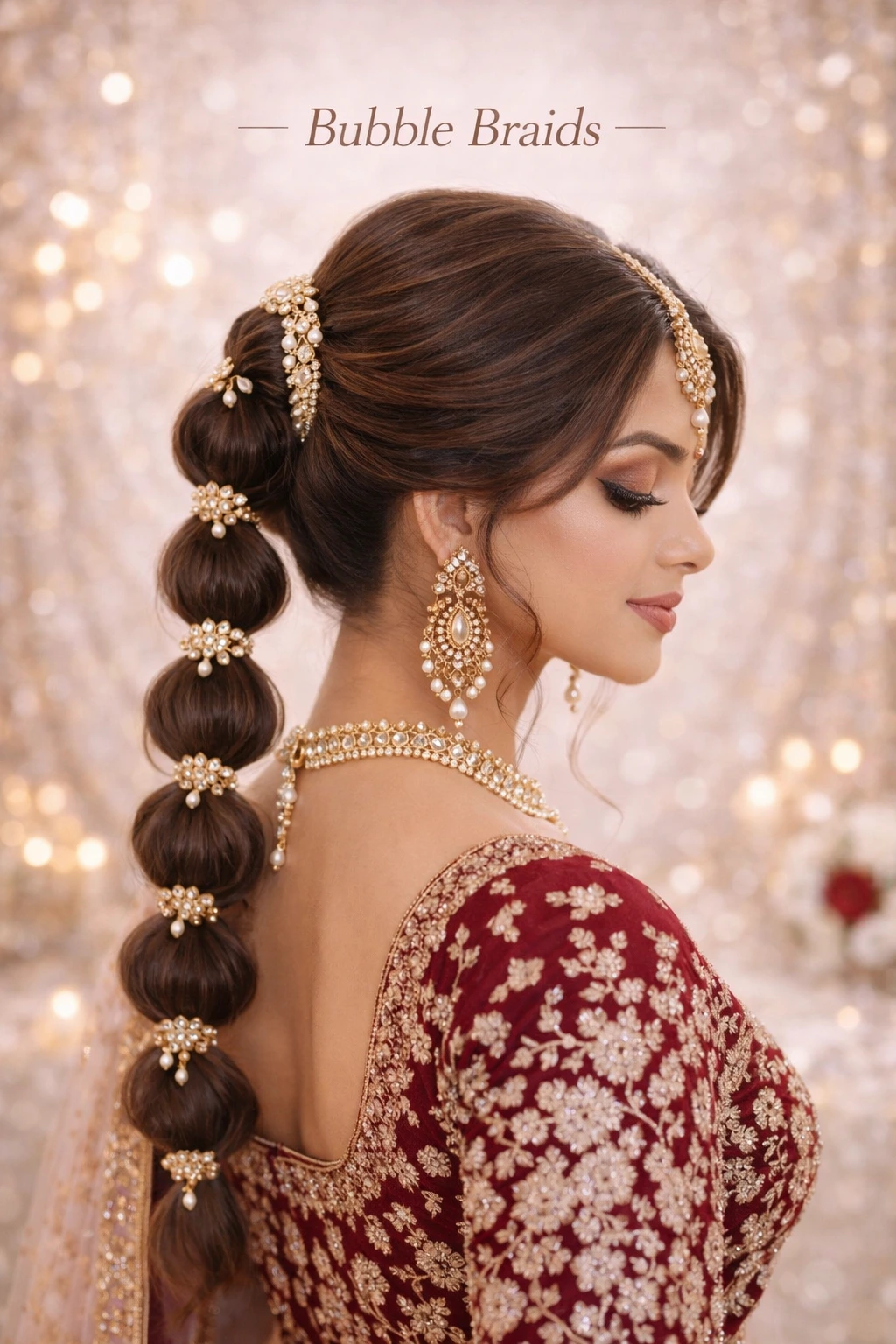 Bubble braid bridal hairstyle with modern styling and decorative elements by Bright Luxe Salon & Studio.