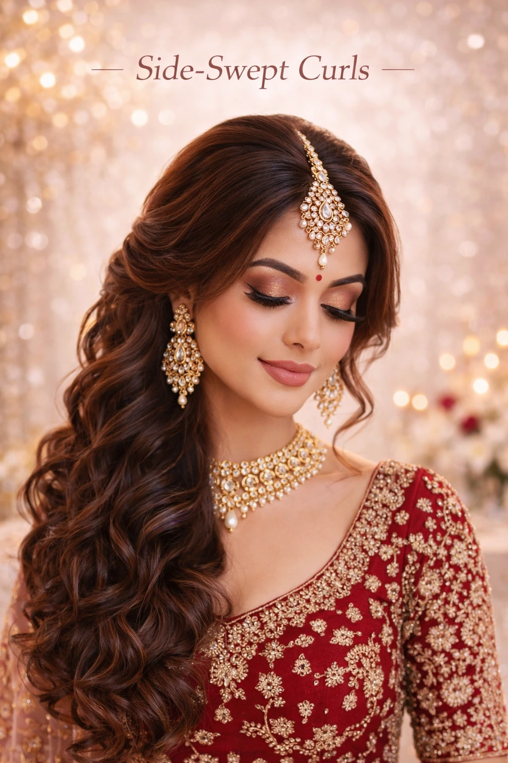 Side-swept curls bridal hairstyle with soft waves and elegant finish by Bright Luxe Salon & Studio.