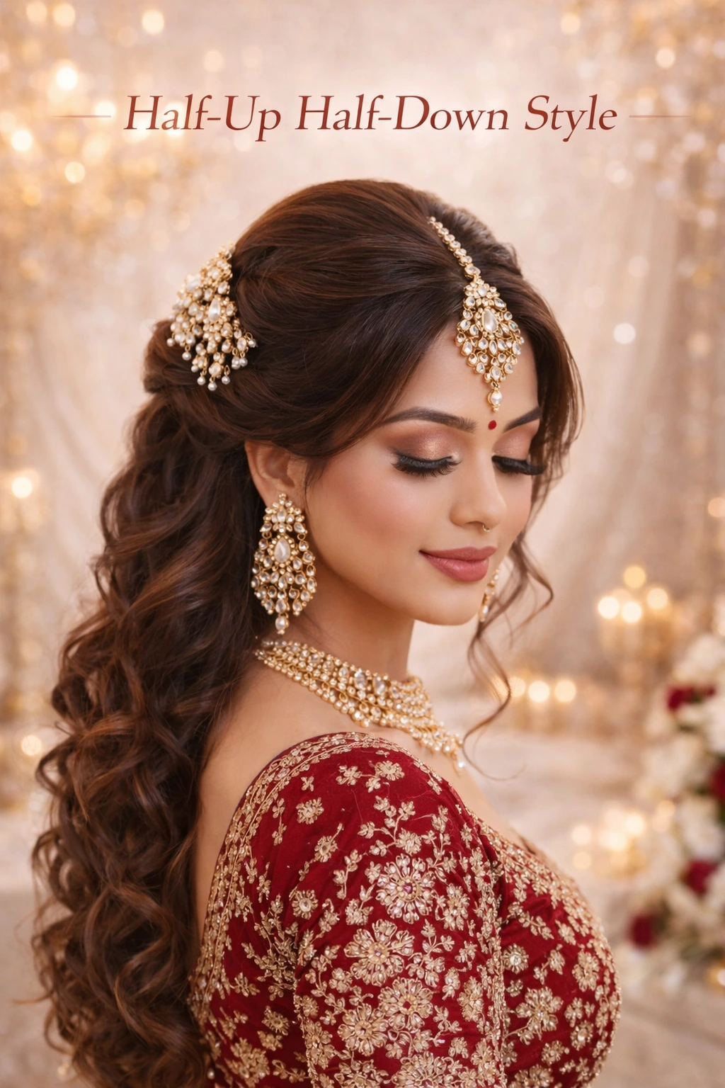 Half-up half-down bridal hairstyle with soft curls and volume by Bright Luxe Salon & Studio.