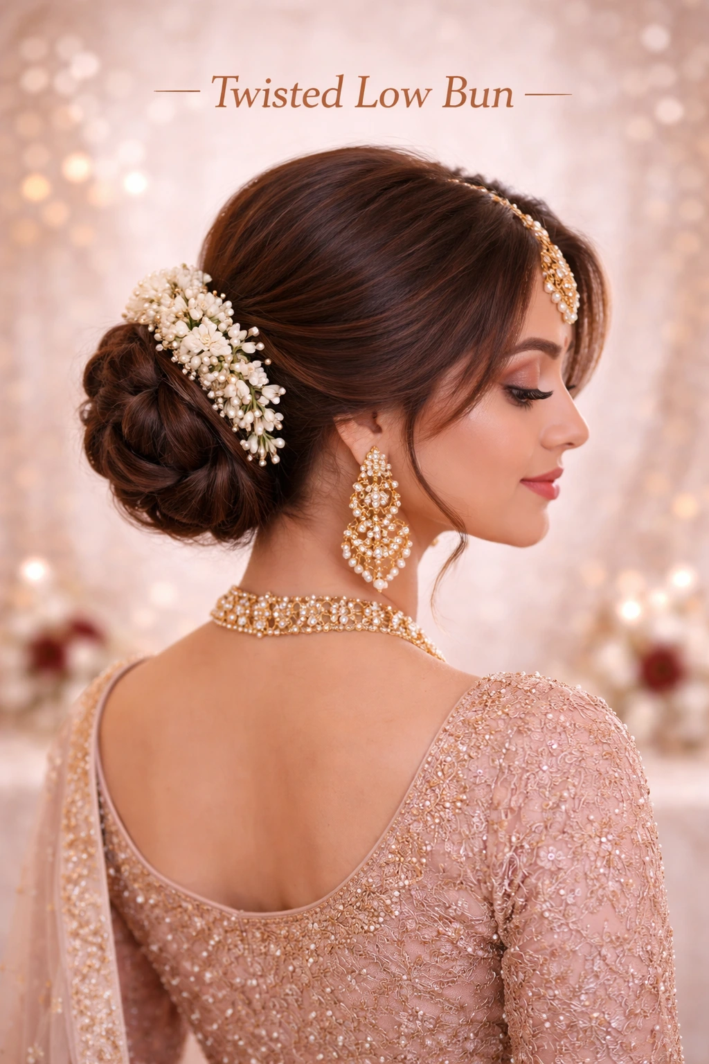 Twisted low bun bridal hairstyle with elegant detailing by Bright Luxe Salon & Studio.