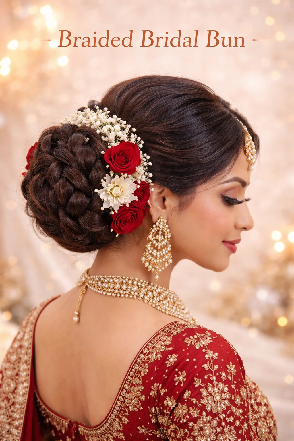 Braided bridal bun hairstyle with intricate detailing and floral accents by Bright Luxe Salon & Studio.
