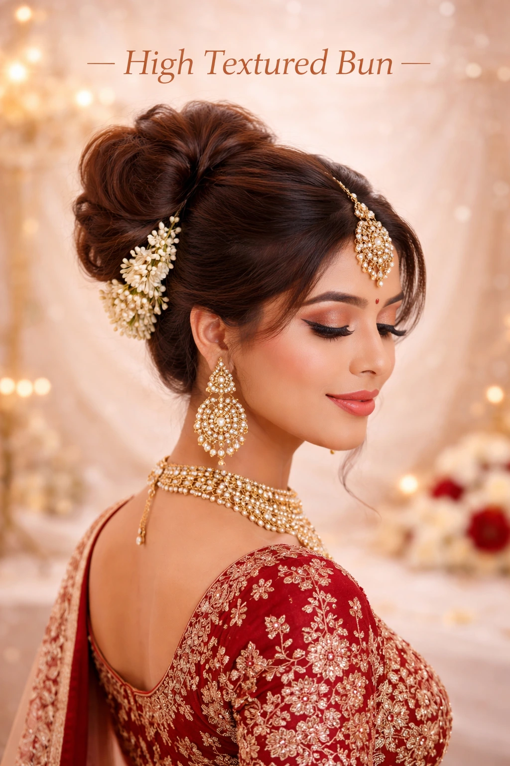 High textured bun bridal hairstyle with volume and modern styling by Bright Luxe Salon & Studio.