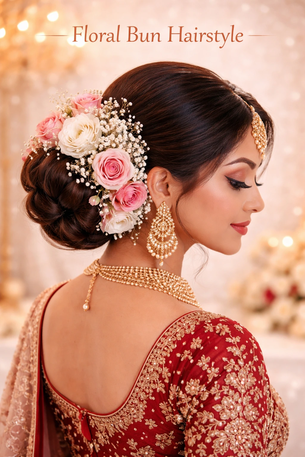 Floral bun bridal hairstyle decorated with fresh flowers by Bright Luxe Salon & Studio.