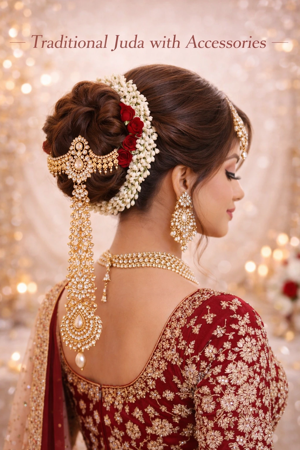 Traditional bridal juda hairstyle with gold accessories and floral detailing by Bright Luxe Salon & Studio.