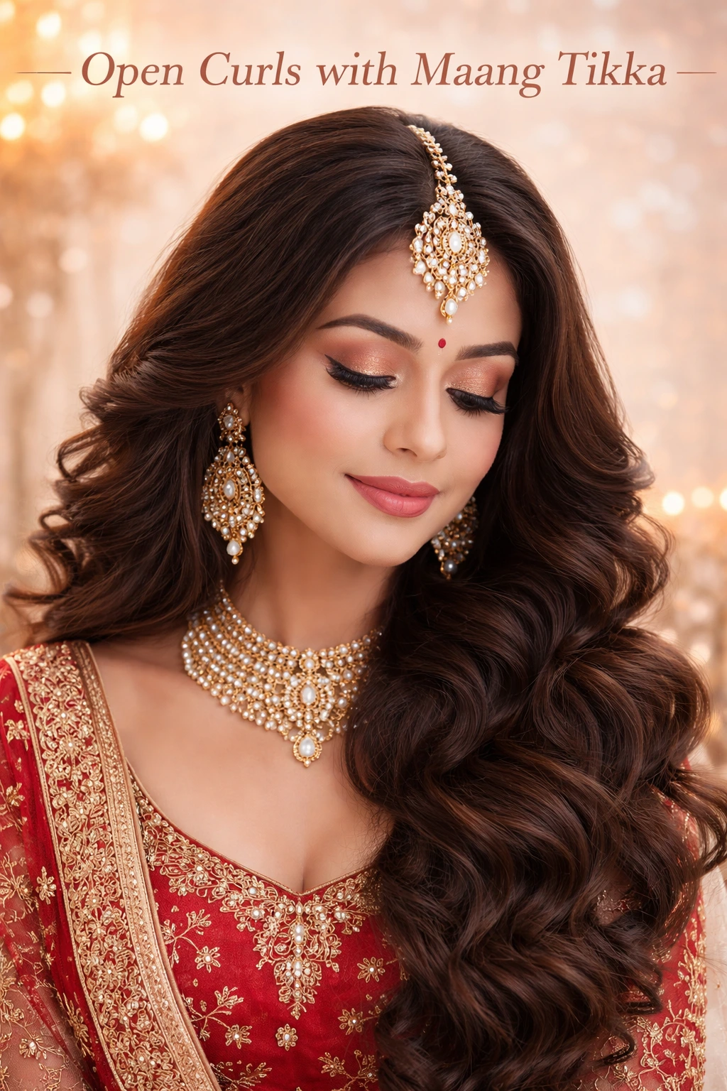 Open curls bridal hairstyle with maang tikka and soft waves styled by Bright Luxe Salon & Studio.